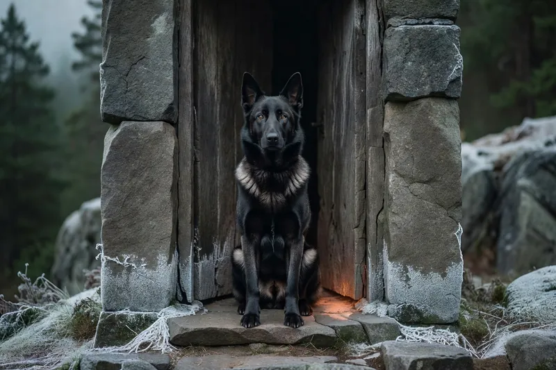 Chien de berger sombre assis devant une porte de pierre entrouverte, dans la lumière du seuil.