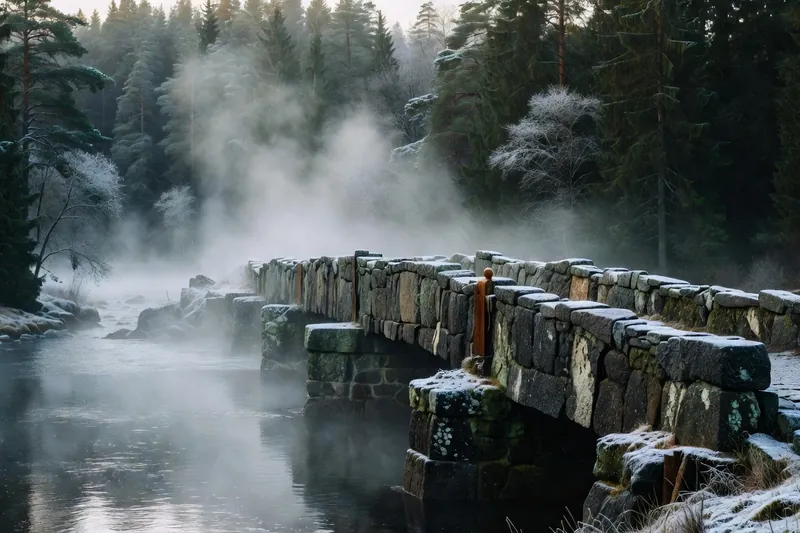 Un ancien pont de pierre traverse une rivière noyée dans la brume matinale.