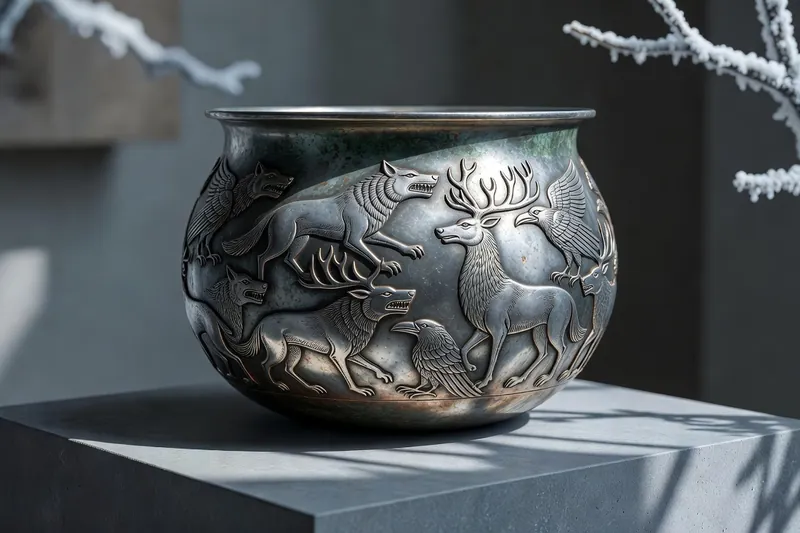 Chaudron de Gundestrup en argent, exposé sous un éclairage muséal mettant en relief ses motifs gravés.