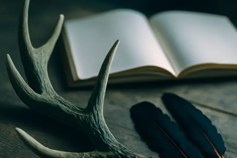 Bois de cerf, plumes de corbeau et carnet ouvert sur une table en bois, éclairés de côté.