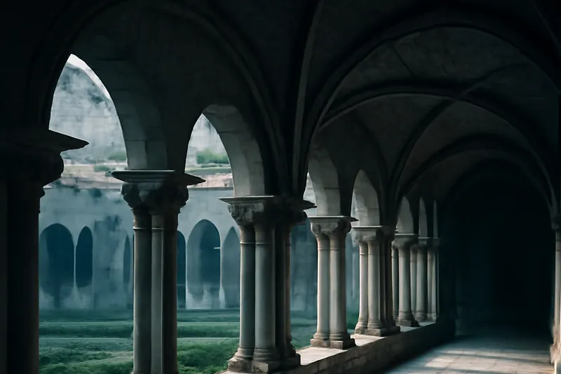 Cloître désert aux arcades de pierre, jardin central et lumière matinale sur les dalles.