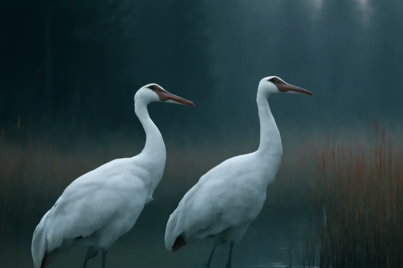 Deux grues blanches se reflètent dans une zone humide bordée de roseaux au lever du jour.