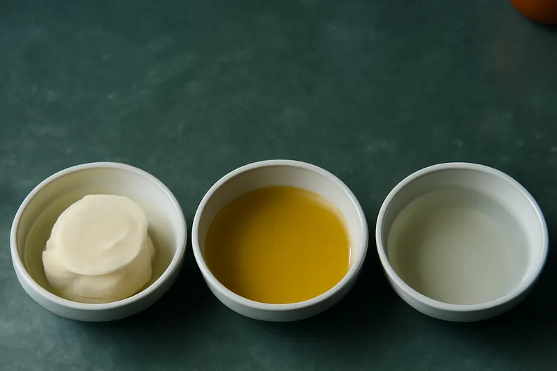 Beurre de karité, huile d'argan et huile de coco présentés dans des coupelles blanches.