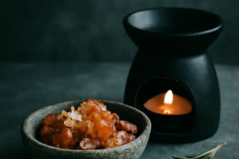 Larmes de résine ambrée, brûleur noir et brins de romarin séché sur une table.