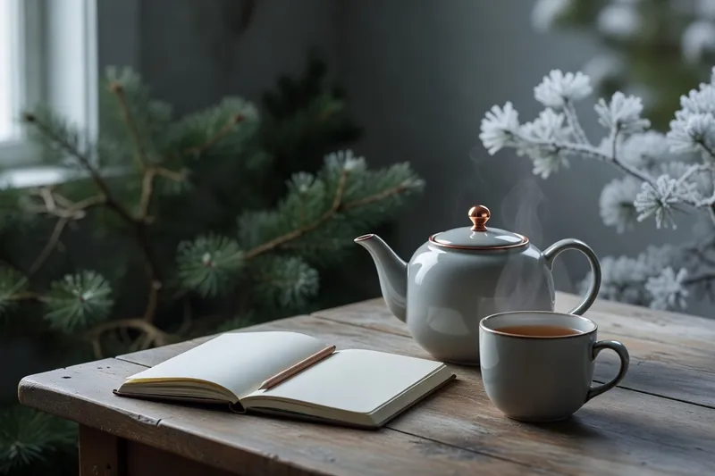 Théière, tasse et carnet ouvert sur une table de cuisine baignée d'une lumière douce.