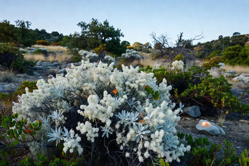 Sauge blanche en fleur dans un milieu de chaparral californien.