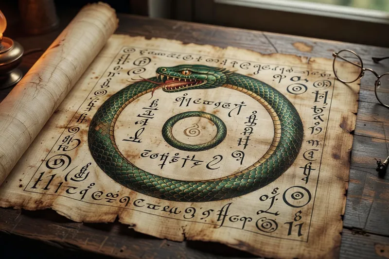 Papyrus ancien déroulé sur une table de lecture, avec un serpent peint en cercle et des hiéroglyphes