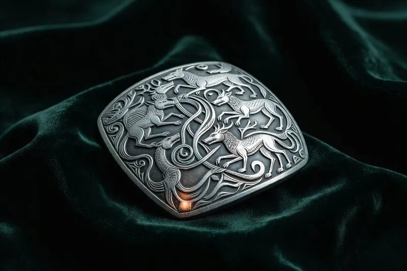 Orfèvrerie ancienne en argent, décorée de figures animales entrelacées et présentée sur velours sombre.