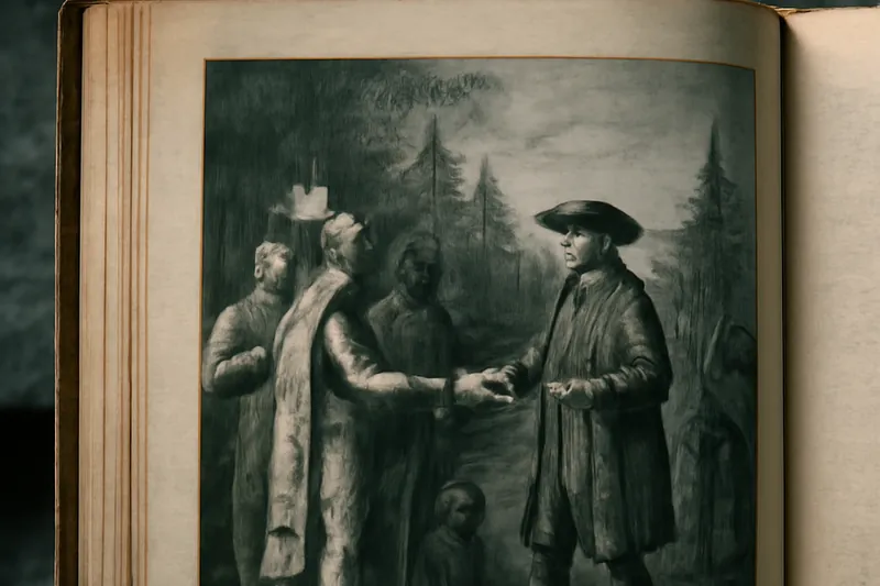 Page d'un ouvrage ancien ouverte sur une gravure du XVIIIe siècle montrant une rencontre en Amérique du Nord