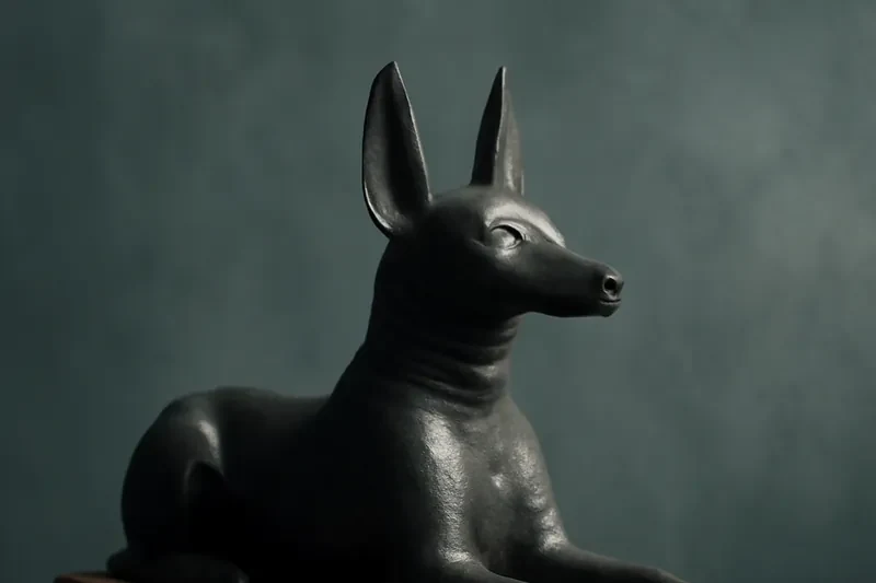 Statuette égyptienne de canidé en basalte noir, présentée sur un socle de musée.