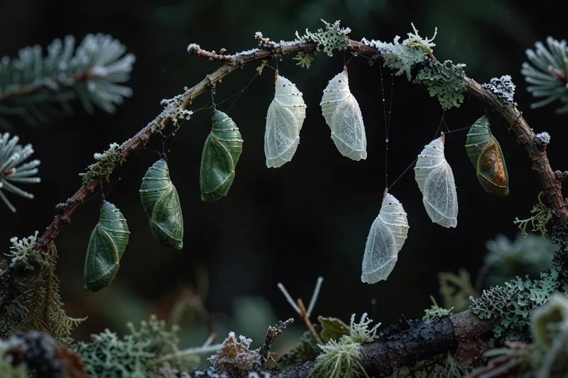 Chrysalides suspendues à une branche, éclairées par la lumière matinale.