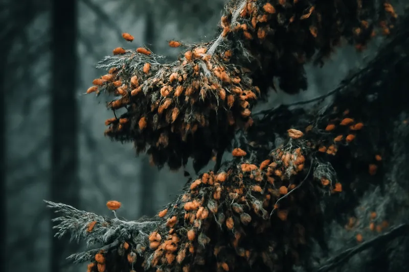 Des papillons monarques regroupés sur les branches d'un conifère en forêt de montagne.