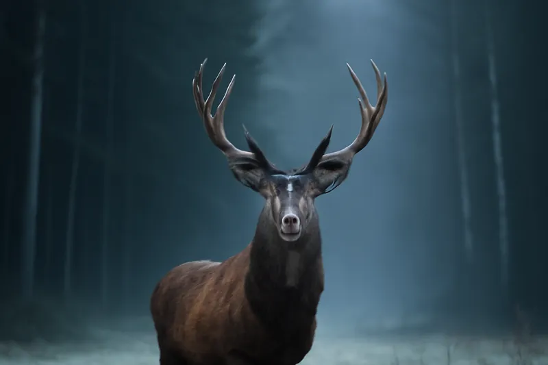Cerf aux grands bois à la lisière d'une forêt, dans la brume légère du crépuscule.