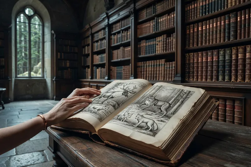 Mains feuilletant un ouvrage ancien illustré d'animaux devant des rayonnages de bibliothèque sombres.