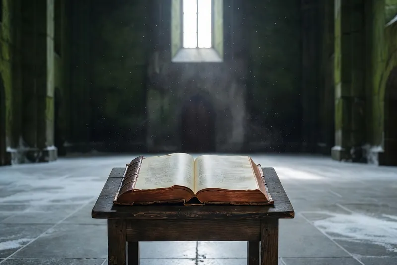 Livre ancien ouvert sur un lutrin de bois, éclairé par un rai de lumière dans une salle silencieuse.