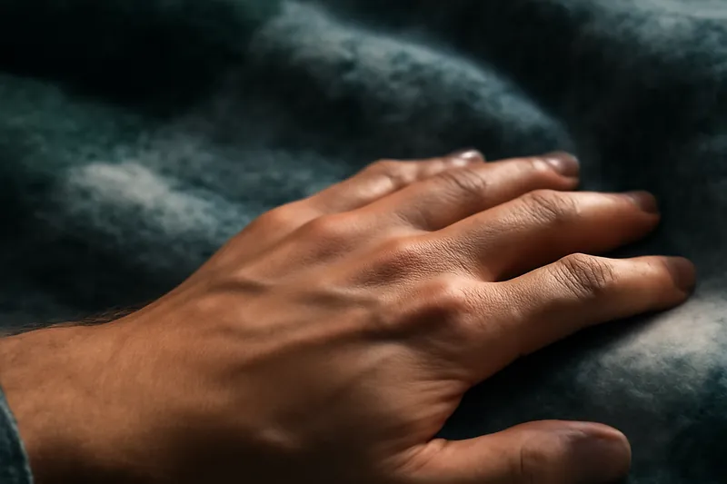 Main posée sur une couverture de laine dans une lumière rasante de fin de journée.