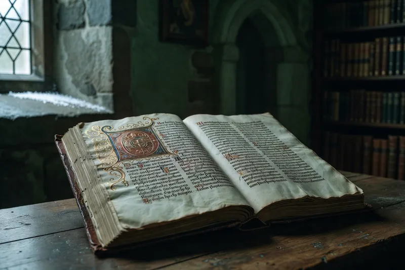 Page de manuscrit médiéval sur parchemin, avec écriture serrée et initiale ornée en lumière tamisée.
