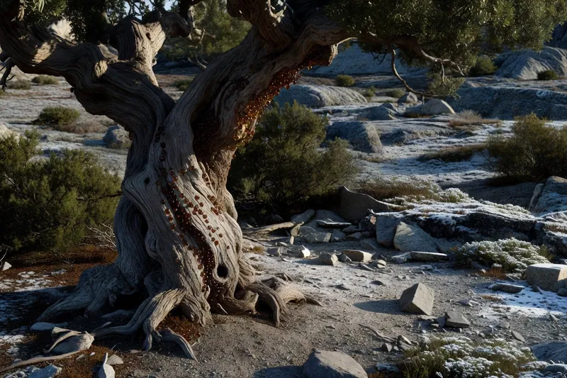 Tronc d'arbre à encens incisé dans un paysage aride et rocheux.