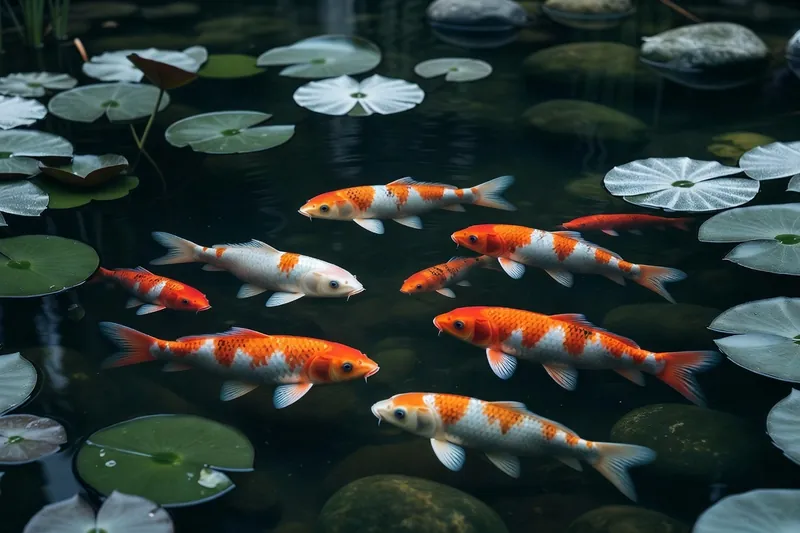 Des carpes koi orange et blanches nagent sous des nénuphars dans l'eau sombre d'un bassin.