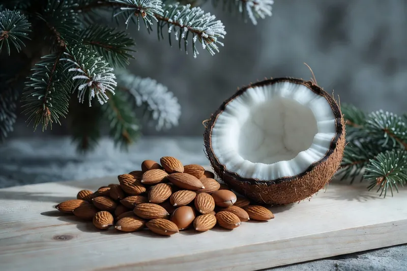Amandons d'argan et noix de coco ouverte illustrant deux filières végétales distinctes.