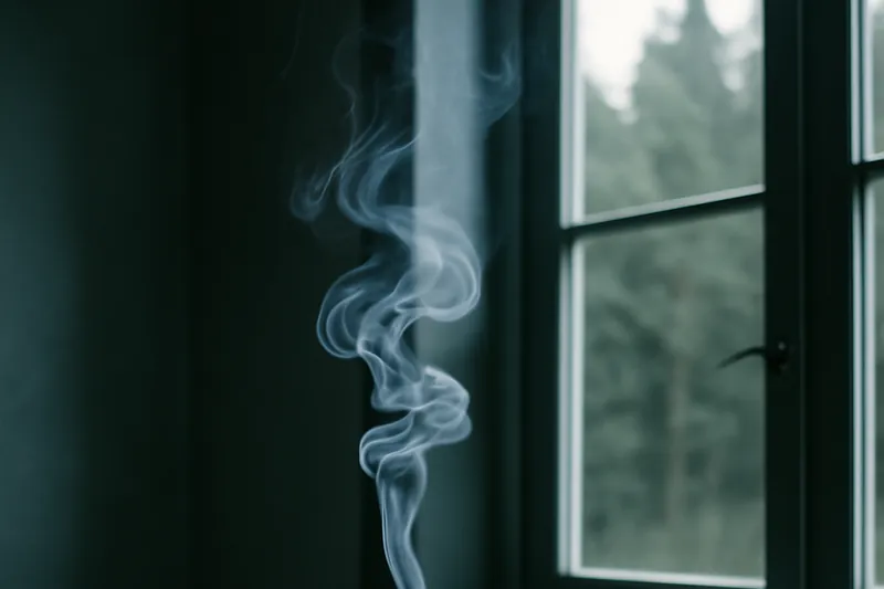 Fumée d'encens montant devant une fenêtre ouverte dans un intérieur sobre, éclairé à contre-jour.