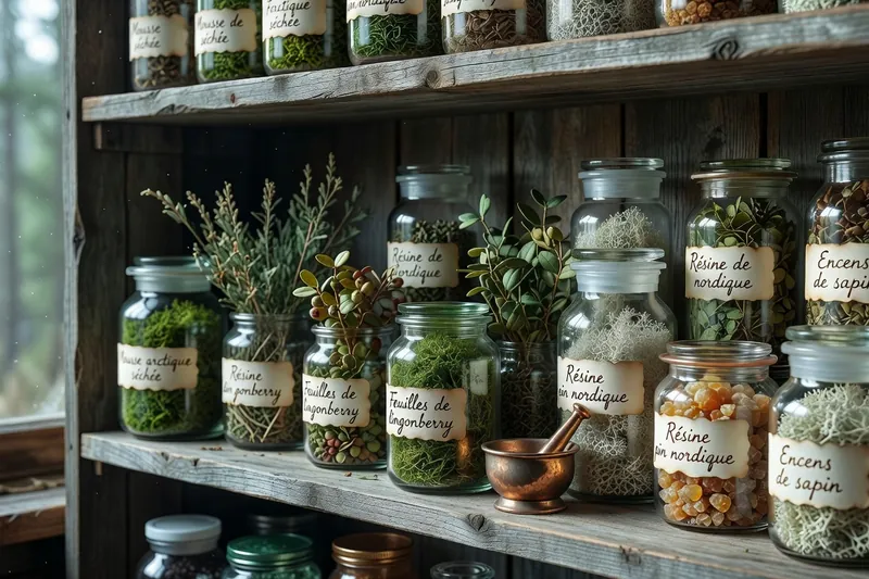 Bocaux d'herbes séchées et de résines rangés sur une étagère d'apothicaire.
