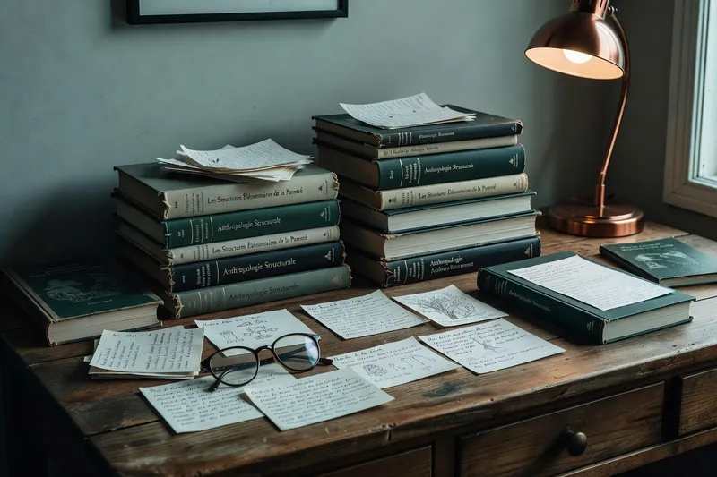 Ouvrages d'anthropologie, fiches manuscrites et lunettes réunis sur une table de travail éclairée par une lampe