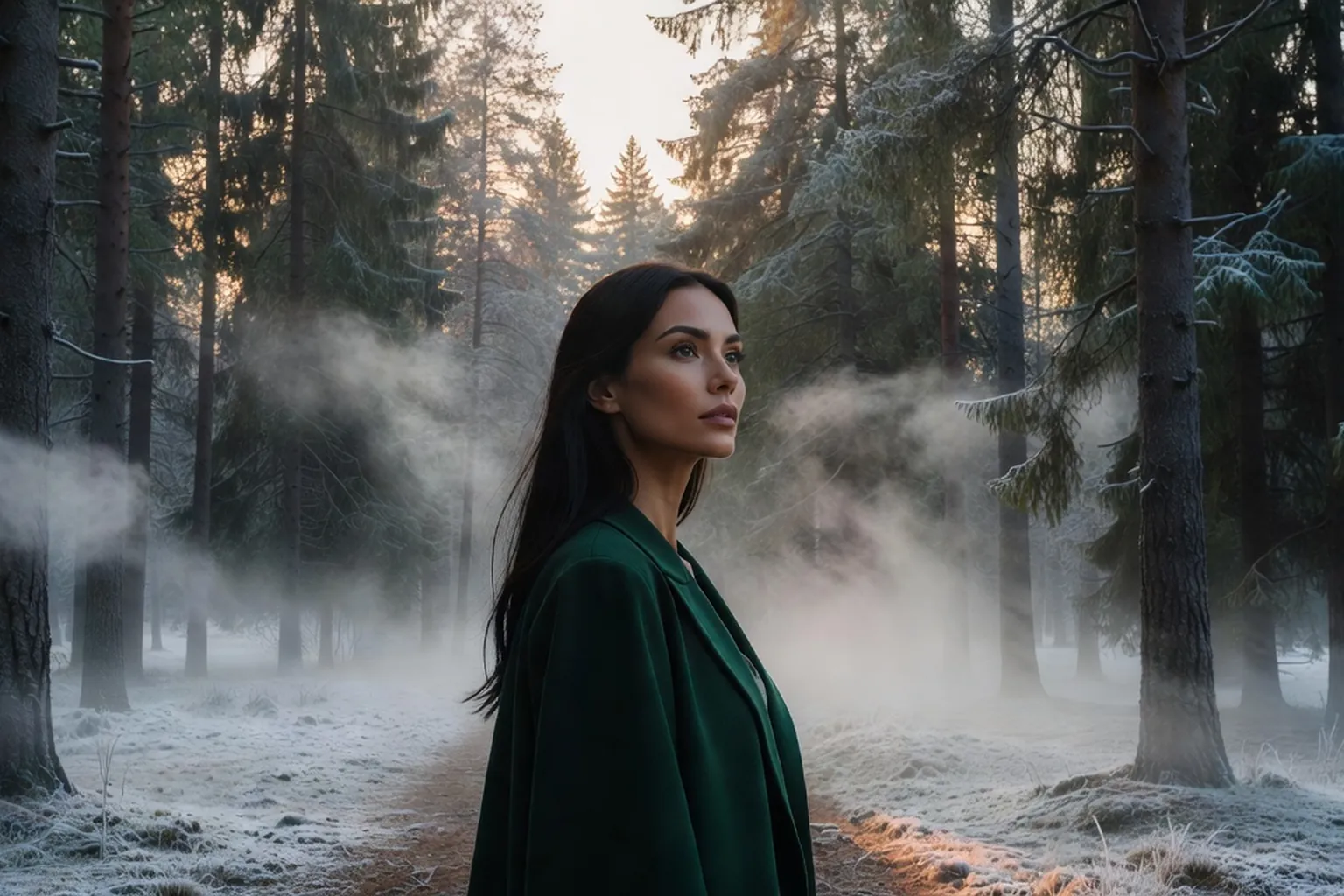 Femme en manteau de laine dans une forêt de conifères au lever du jour, regard tourné vers la lumière