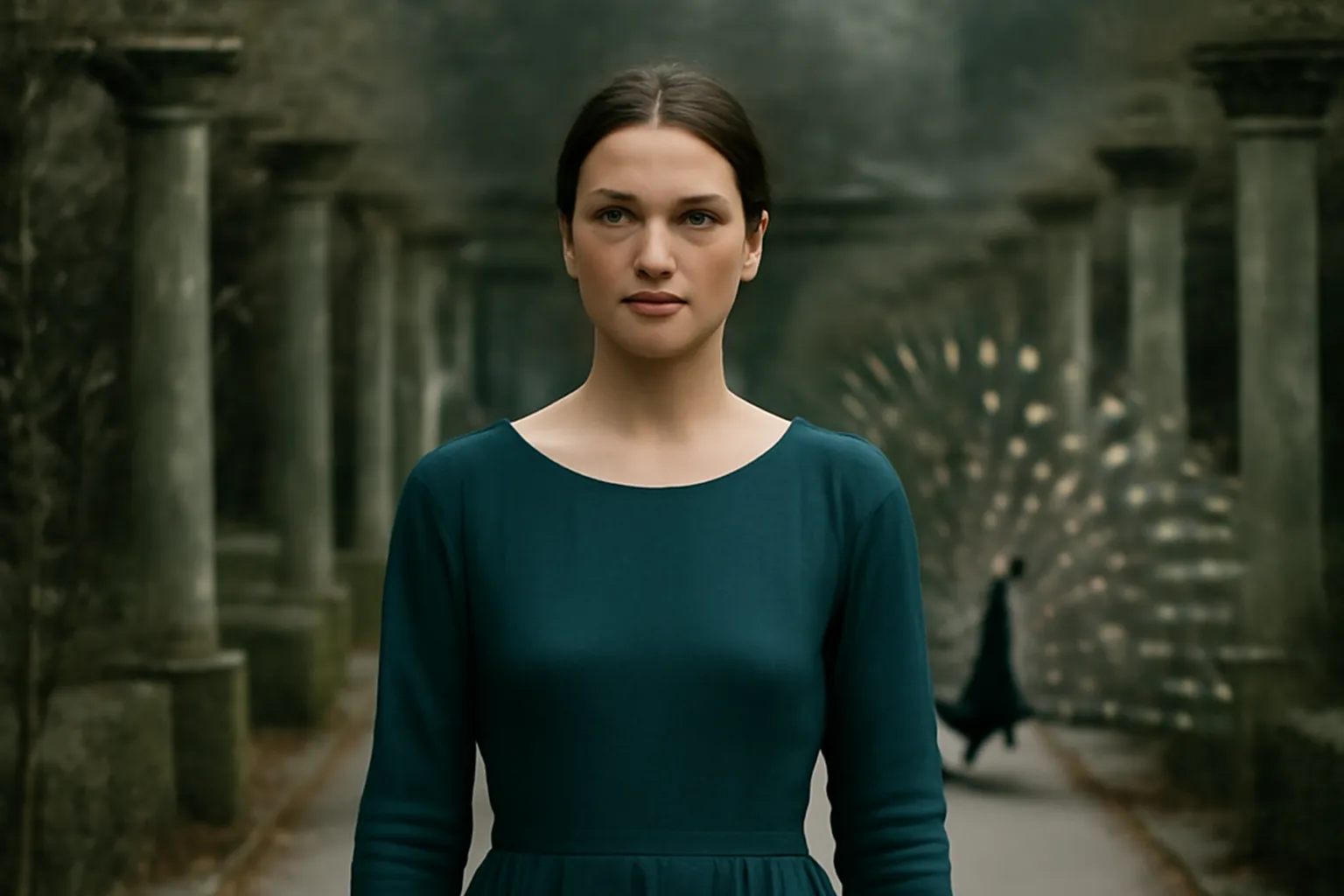 Femme en robe bleu-vert dans un jardin ancien, paon faisant la roue derrière elle