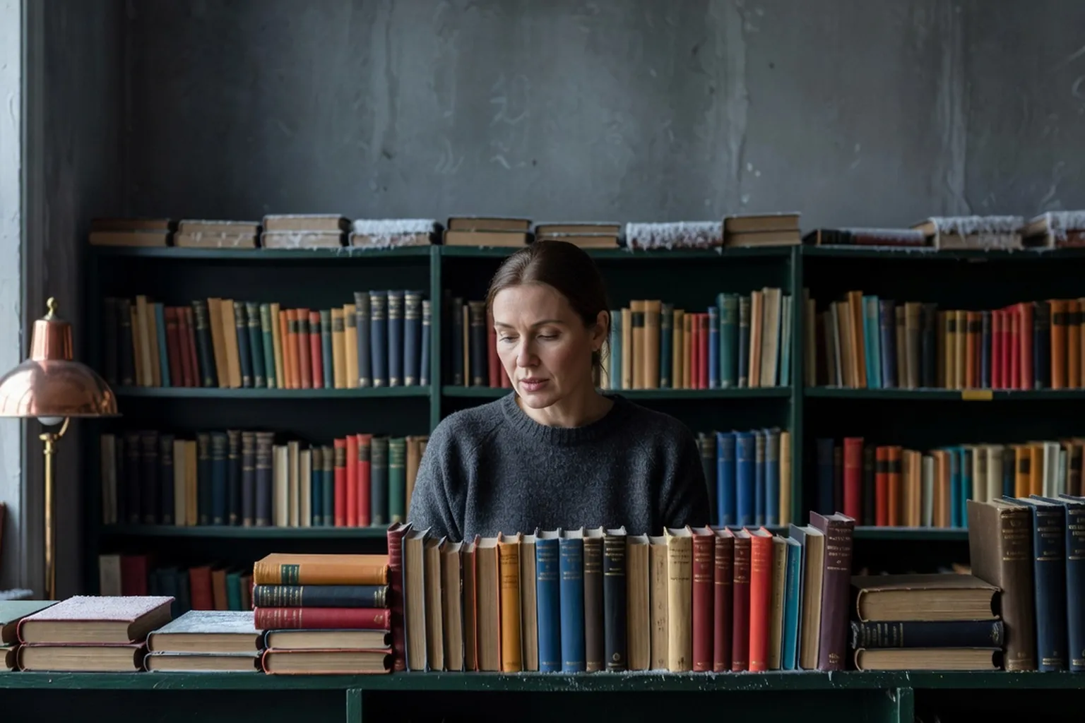 Femme adulte consultant des livres dans une librairie d'occasion, devant un rayon aux dos colorés.