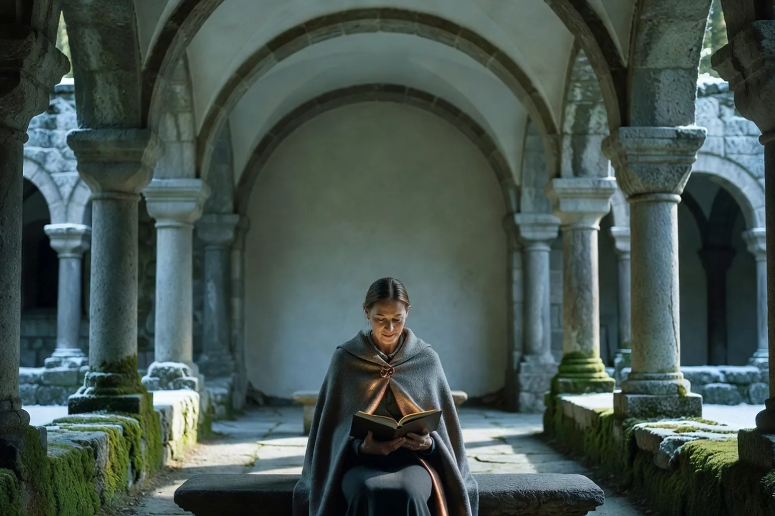 Femme adulte lisant seule sur un banc de pierre dans un cloître ancien, entre colonnes et arcades.