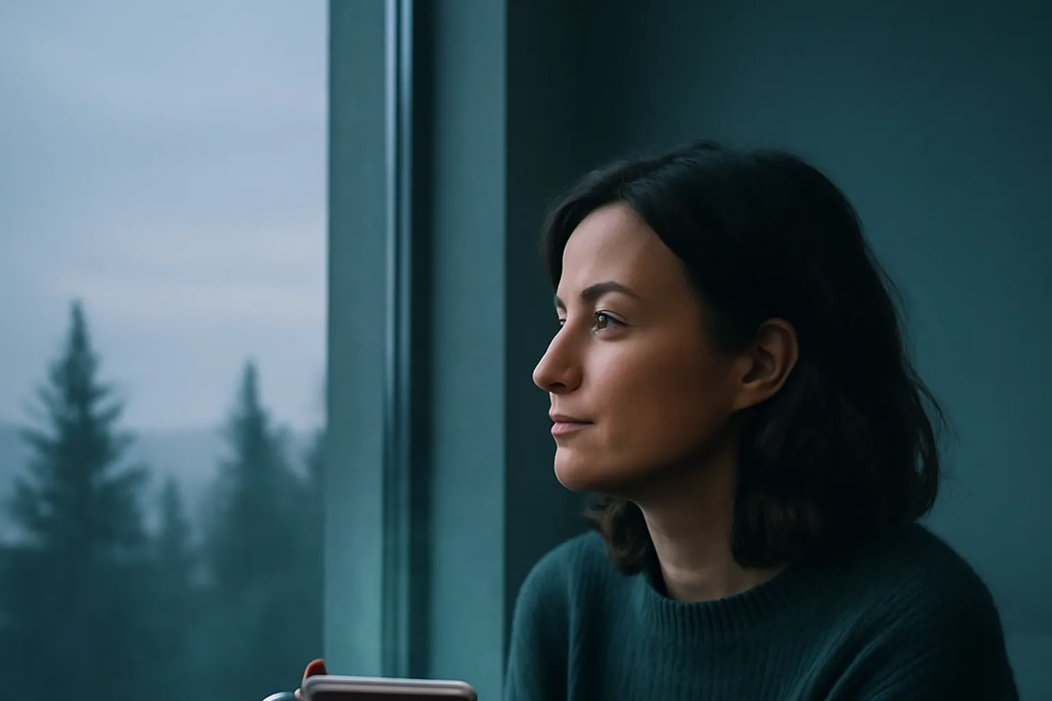 Femme assise près d'une fenêtre à l'aube, tenant une tasse fumante et regardant dehors.