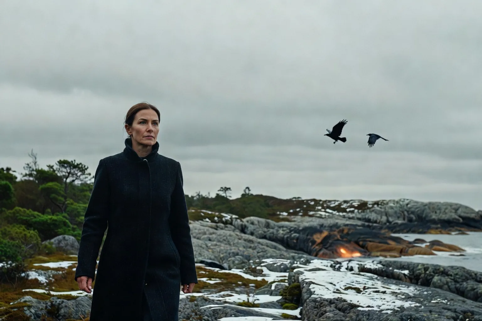 Femme en manteau de laine sombre sur une côte rocheuse, corbeaux au loin sous un ciel bas.