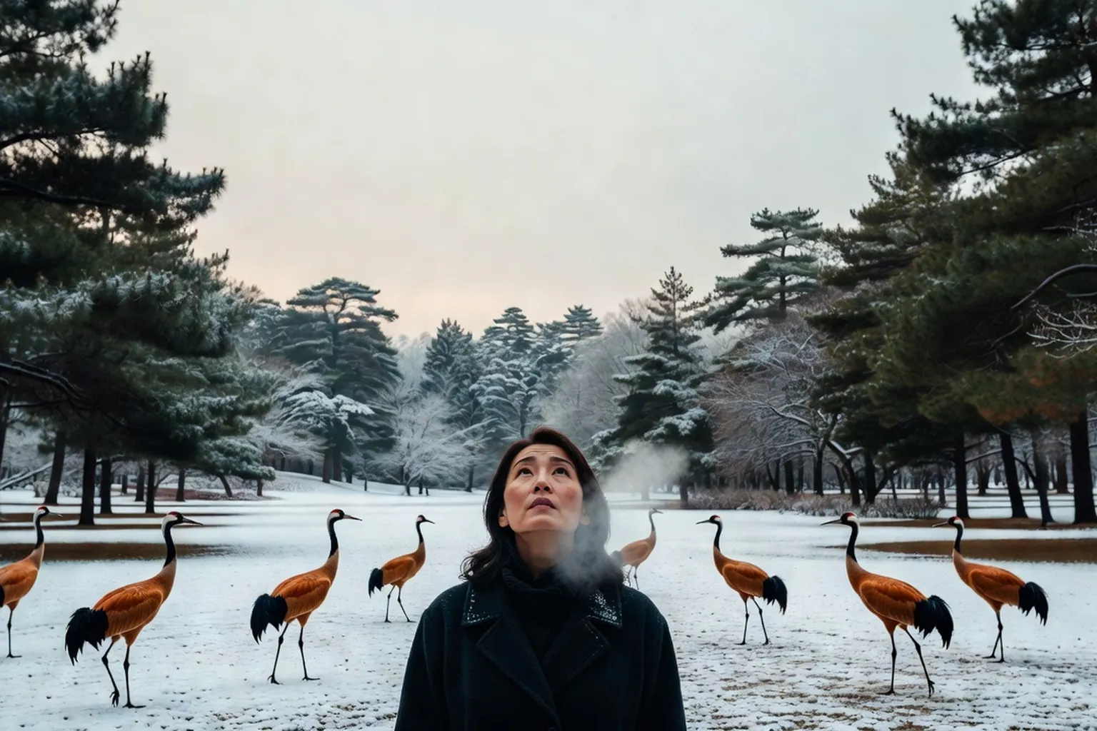 Femme en manteau sombre observant des grues dans un parc enneigé au Japon, avec des pins à l'horizon