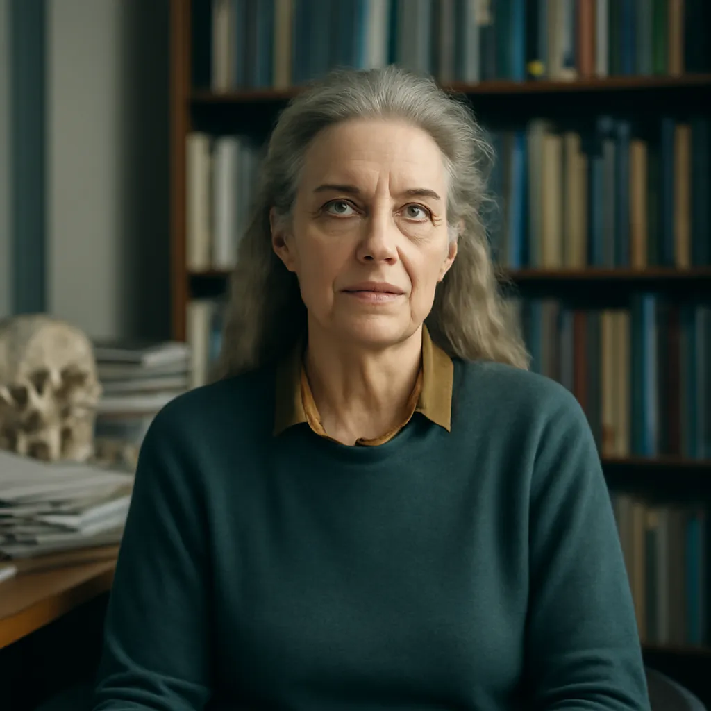 Anthropologue assise dans son bureau universitaire, avec une bibliothèque derrière elle.