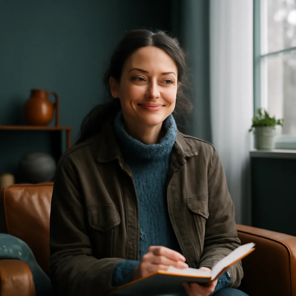 Femme ethnologue assise dans un séjour chaleureux, carnet sur les genoux