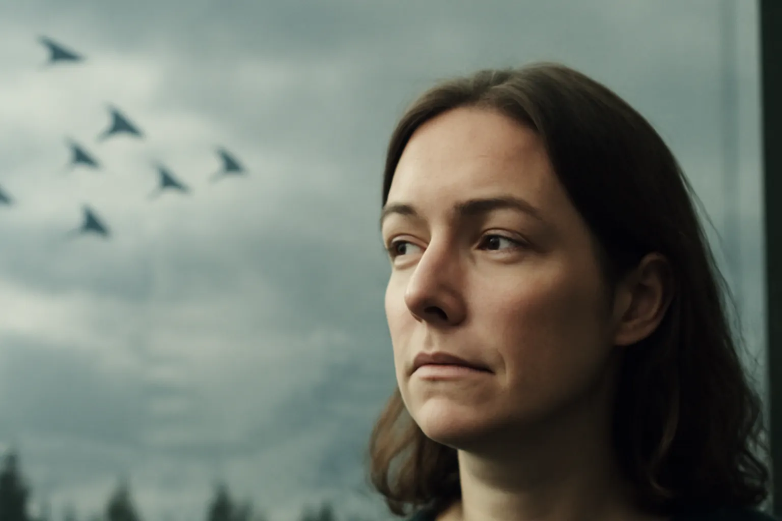 Femme songeuse observant un vol d'oiseaux par la fenêtre, sous un ciel nuageux.