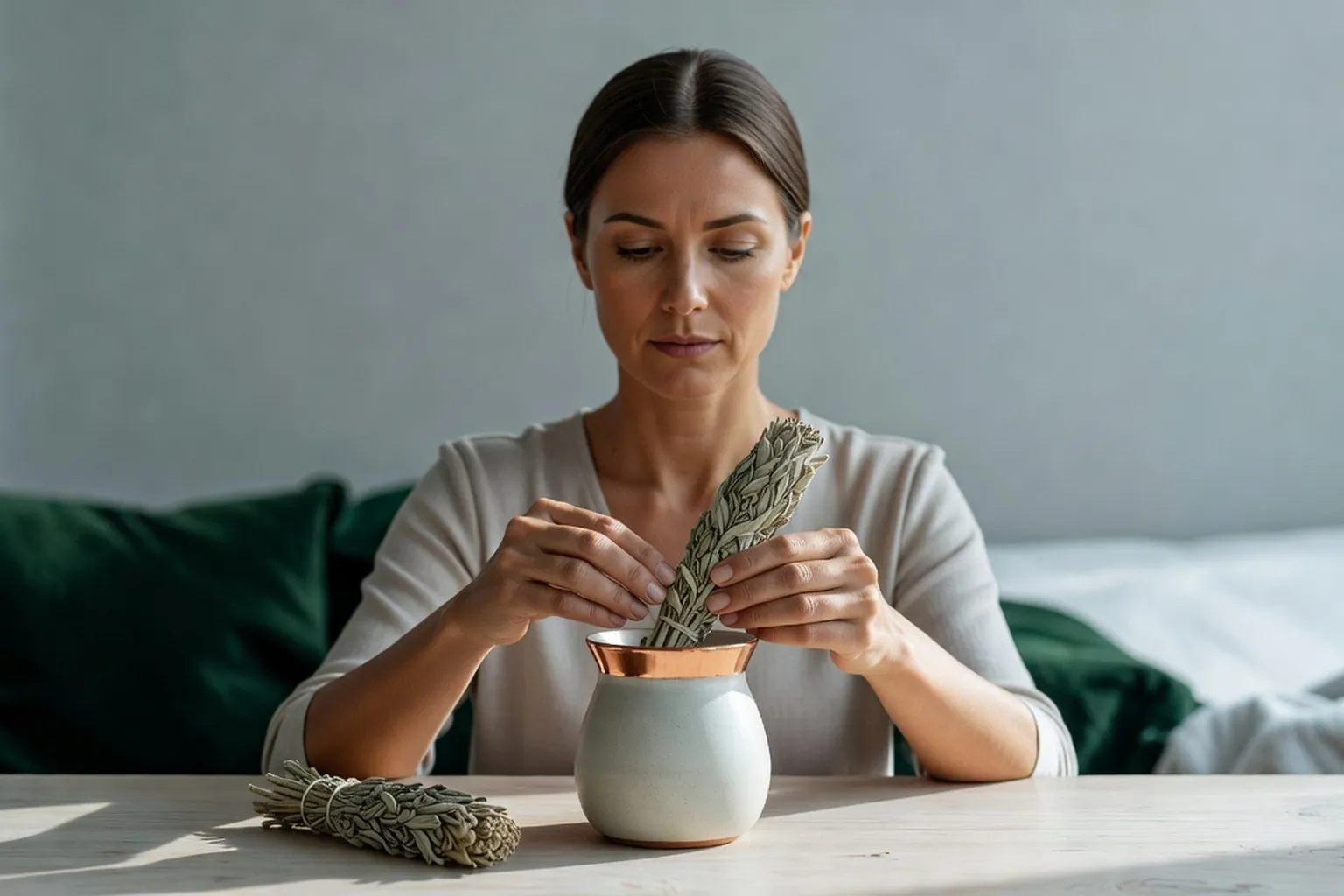 Femme disposant des brins de sauge séchés et un brûleur en céramique sur une table en bois.