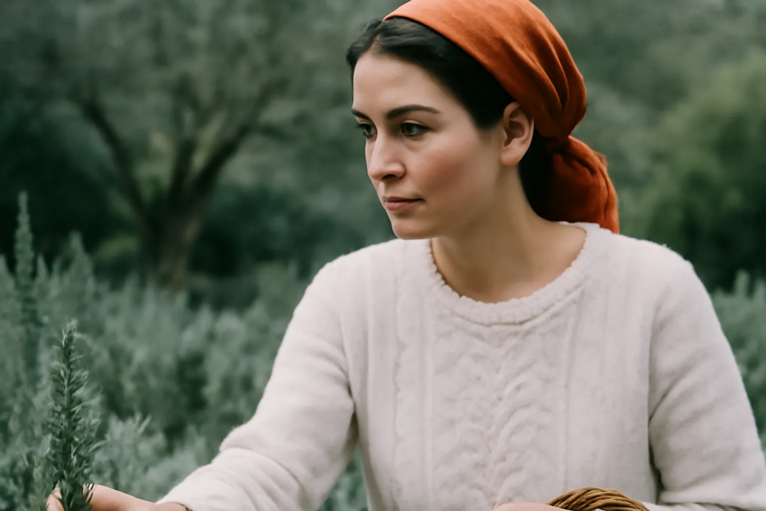 Femme adulte cueillant du romarin dans un jardin méditerranéen, panier en osier au bras.