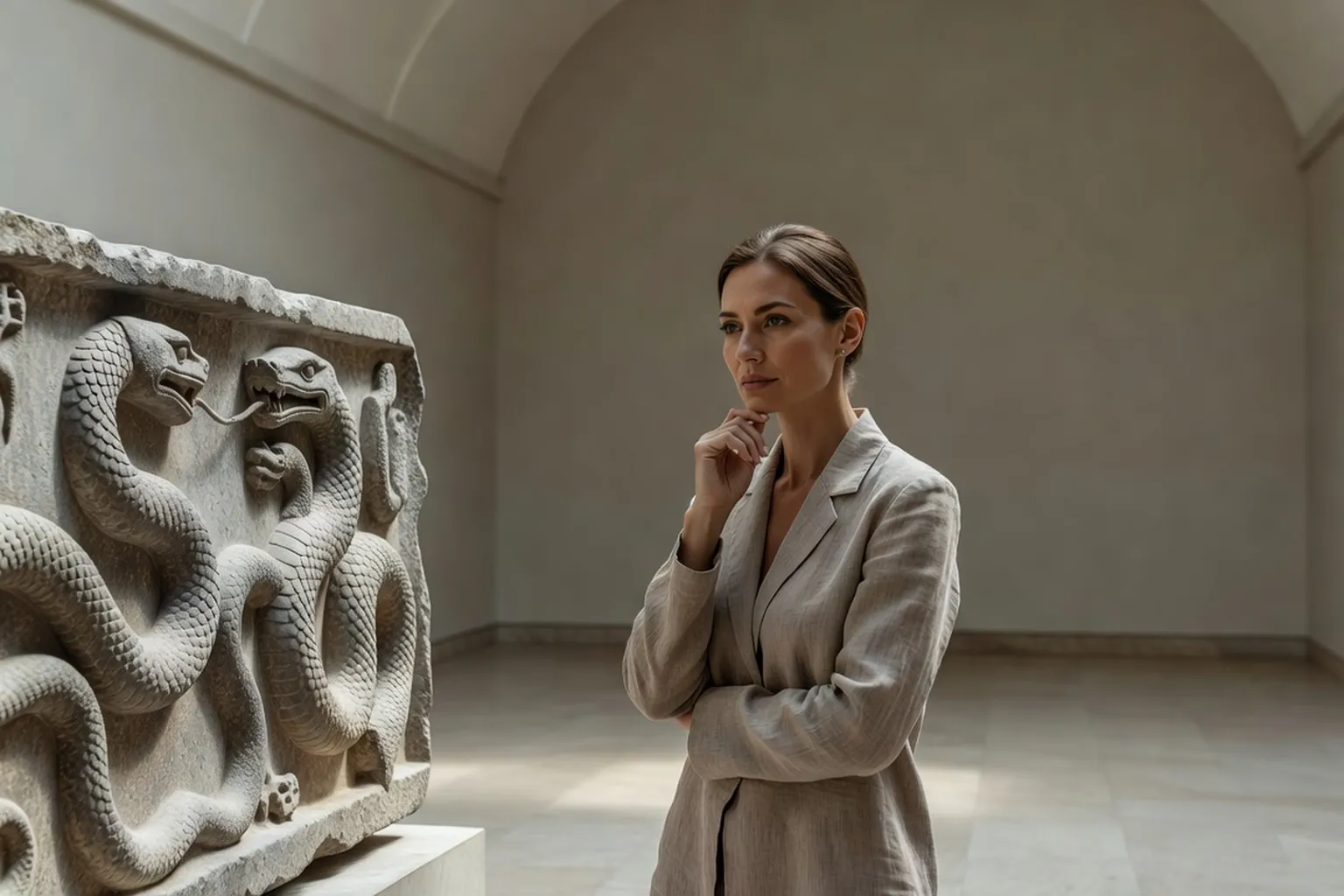 Femme adulte observant un bas-relief ancien orné de serpents sculptés dans un musée de pierre claire.