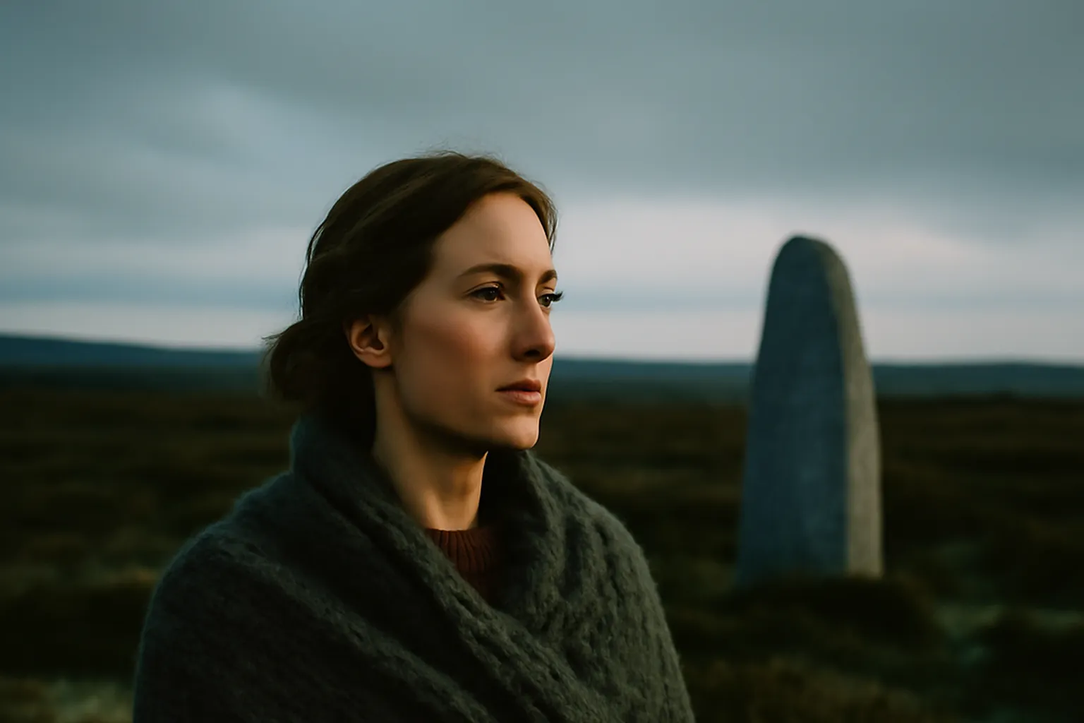 Femme en châle de laine face aux landes au crépuscule, avec un menhir gris à l'arrière-plan
