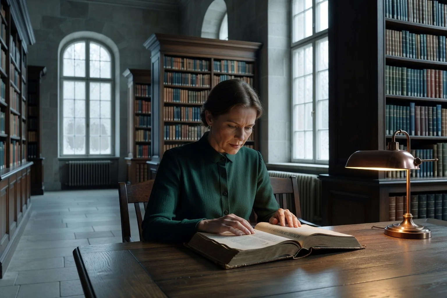 Femme consultant un dictionnaire ancien dans une bibliothèque universitaire aux rayonnages de bois sombre